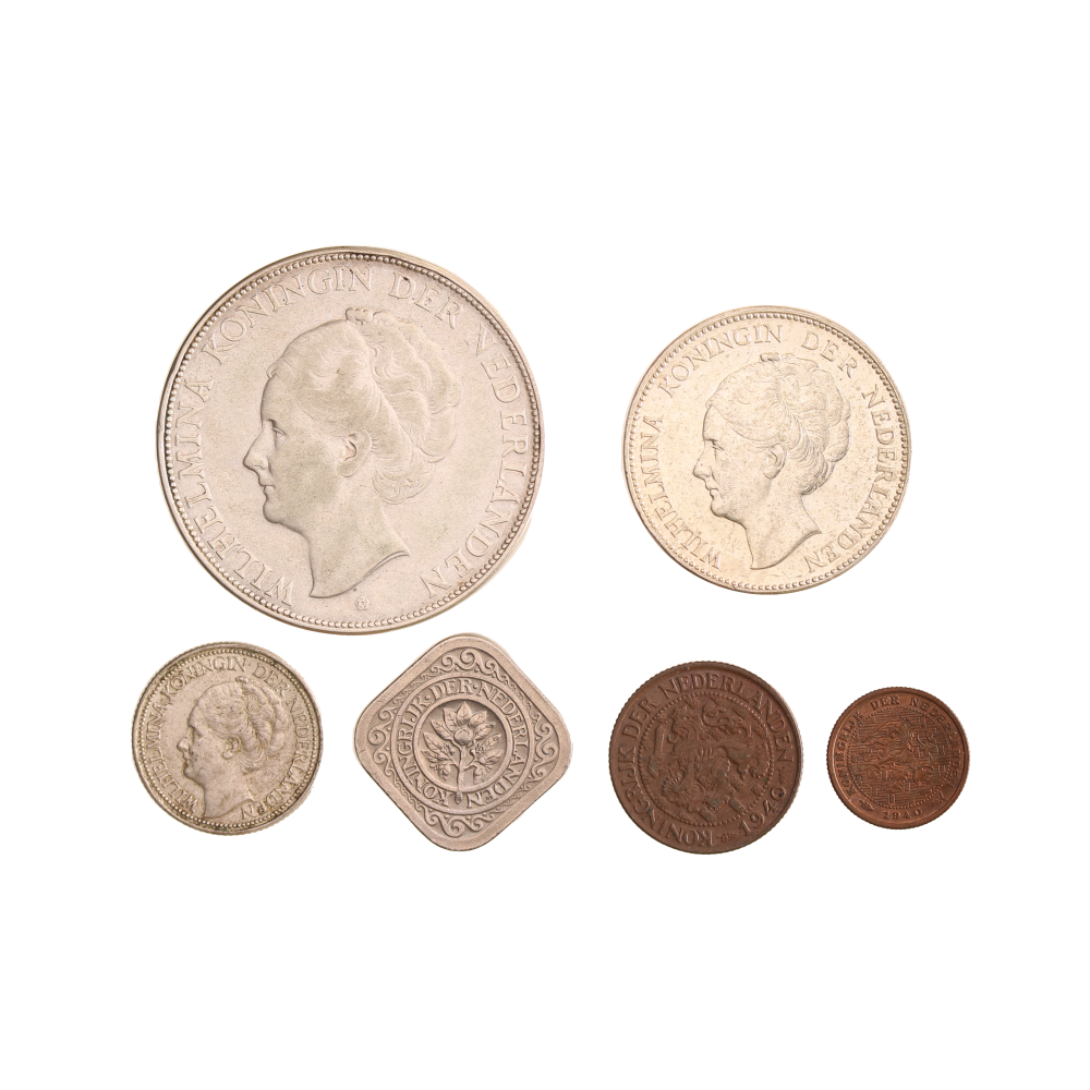 Koninkrijksmunten Nederland complete serie 1940: 1/2, 1, 5, 25 cent, 1 en 2½ gulden.